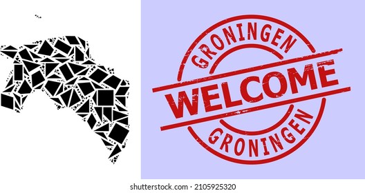 Simple geometric mosaic map of Groningen Province with corroded stamp print. Red stamp contains Welcome tag inside circle and lines shape.