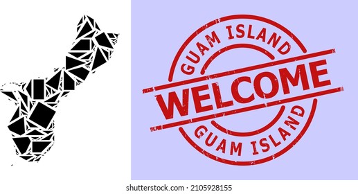 Simple geometric mosaic map of Guam Island with unclean stamp seal. Red stamp contains Welcome text inside round and lines form.