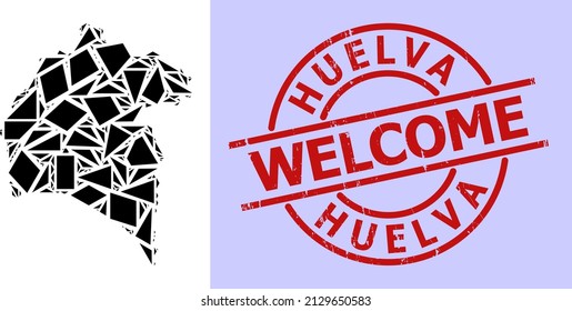 Simple geometric mosaic map of Huelva Province with unclean stamp seal. Red stamp includes Welcome text inside circle and lines shape.