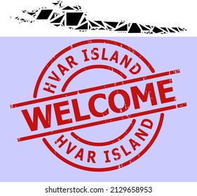 Simple geometric mosaic map of Hvar Island with dirty seal. Red seal has Welcome text inside round and lines template. Vector mosaic map of Hvar Island collage is filled of randomized triangles,