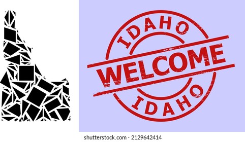 Simple geometric mosaic map of Idaho State with unclean stamp. Red stamp seal contains Welcome tag inside round and lines shape.