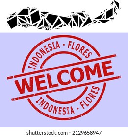 Simple geometric mosaic map of Indonesia - Flores Island with grunge stamp seal. Red stamp seal includes Welcome text inside round and lines template.