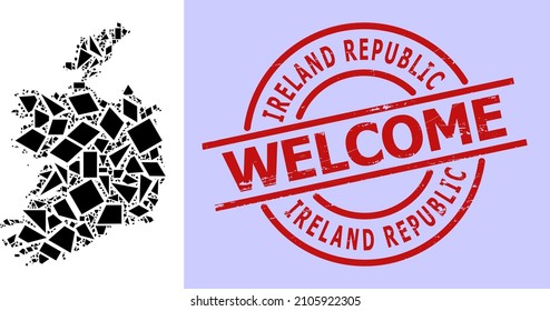 Mapa de mosaico geométrico simple de la República de Irlanda con sello corroido. El sello rojo incluye el texto de bienvenida dentro de la plantilla de redondeo y líneas.