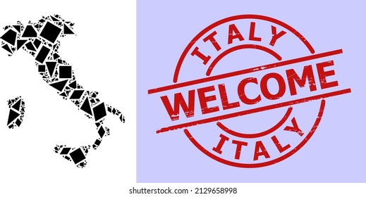 Simple geometric mosaic map of Italy with grunge stamp print. Red stamp seal includes Welcome caption inside round and lines form. Vector mosaic map of Italy collage designed with chaotic triangles