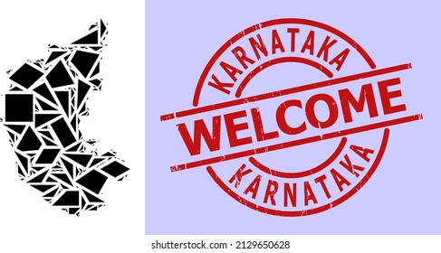 Simple geometric mosaic map of Karnataka State with scratched stamp seal. Red stamp seal includes Welcome text inside round and lines shape.