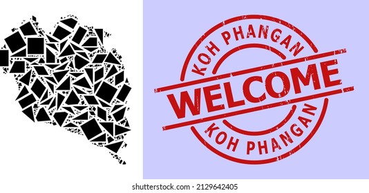 Simple geometric mosaic map of Koh Phangan with rubber seal. Red stamp seal has Welcome title inside circle and lines form. Vector mosaic map of Koh Phangan collage combined with randomized triangles,