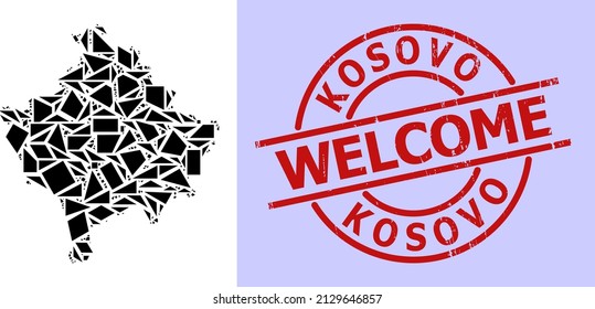 Simple geometric mosaic map of Kosovo with textured stamp imitation. Red stamp has Welcome title inside round and lines form. Vector mosaic map of Kosovo collage designed with chaotic triangles,