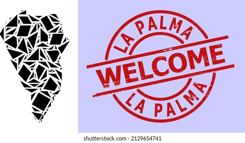 Simple geometric mosaic map of La Palma Island with rubber badge. Red stamp has Welcome text inside round and lines shape.