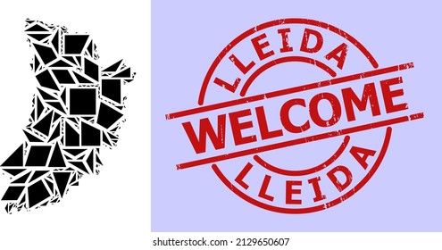 Simple geometric mosaic map of Lleida Province with dirty seal. Red stamp seal has Welcome title inside circle and lines form.
