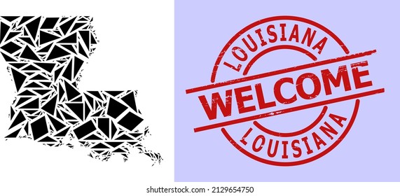 Simple geometric mosaic map of Louisiana State with scratched stamp print. Red stamp has Welcome text inside circle and lines template.
