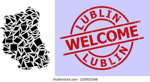 Simple geometric mosaic map of Lublin Province with corroded stamp imitation. Red stamp seal contains Welcome caption inside round and lines template.