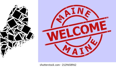 Simple geometric mosaic map of Maine State with corroded stamp imitation. Red stamp includes Welcome caption inside round and lines form.