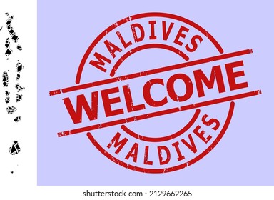 Simple geometric mosaic map of Maldives with textured stamp imitation. Red stamp seal has Welcome tag inside circle and lines shape.
