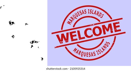 Mapa de mosaico geométrico simple de las islas Marquesas con sello rayado. El sello rojo tiene texto de bienvenida dentro del círculo y la plantilla de líneas.