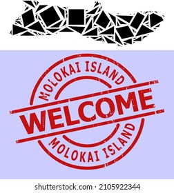 Simple geometric mosaic map of Molokai Island with textured stamp. Red stamp contains Welcome tag inside round and lines form.
