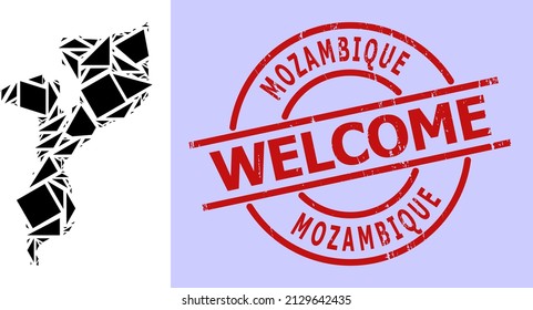 Simple geometric mosaic map of Mozambique with grunge watermark. Red seal includes Welcome title inside round and lines form.