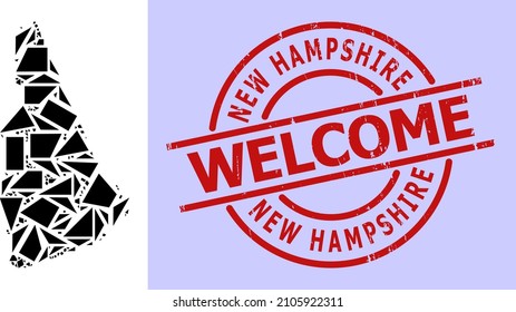 Einfache geometrische Mosaikkarte des Bundesstaates New Hampshire mit gekratztem Stempelsiegel. Rote Stempelsiegel enthält Willkommenstitel im Kreis und Zeilenformular.