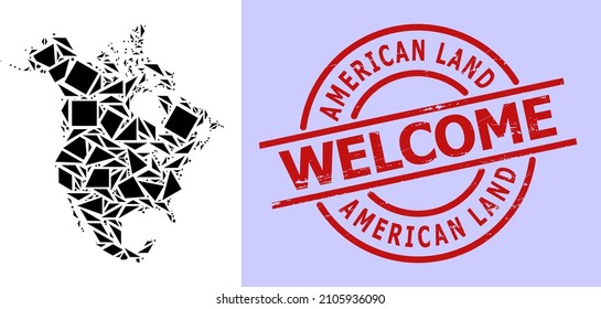 Simple geometric mosaic map of North America with scratched seal. Red stamp seal includes Welcome tag inside circle and lines shape.