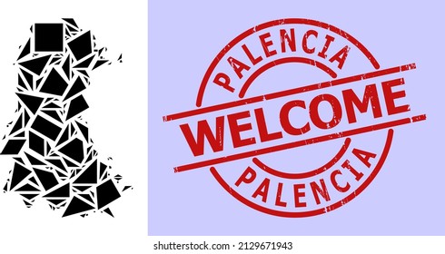Simple geometric mosaic map of Palencia Province with unclean stamp imitation. Red stamp contains Welcome caption inside round and lines form.