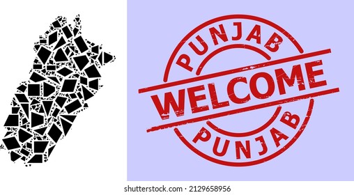 Einfache geometrische Mosaikkarte der Provinz Punjab mit unscharfem Siegel. Rotes Siegel enthält Willkommensschild in Runde und Linien.
