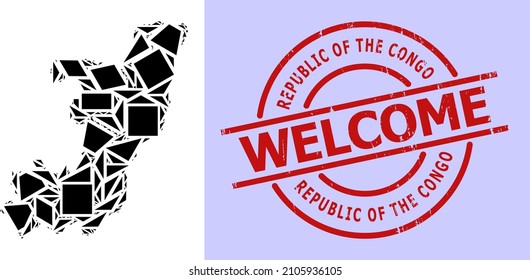 Simple geometric mosaic map of Republic of the Congo with grunge stamp seal. Red stamp seal has Welcome caption inside round and lines template.