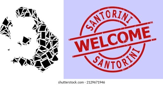 Mapa de mosaico geométrico simple de la isla de Santorini con imitación de sello impuro. El sello rojo incluye el título de bienvenida dentro del círculo y el formulario de líneas.
