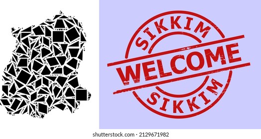 Simple geometric mosaic map of Sikkim State with textured seal. Red seal contains Welcome text inside round and lines template.