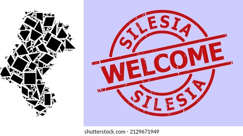 Simple geometric mosaic map of Silesia Province with dirty stamp seal. Red seal includes Welcome title inside round and lines shape.