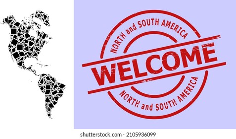 Simple geometric mosaic map of South and North America with corroded stamp. Red stamp seal has Welcome caption inside circle and lines form.