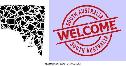 Simple geometric mosaic map of South Australia with textured stamp. Red stamp seal contains Welcome text inside round and lines template.