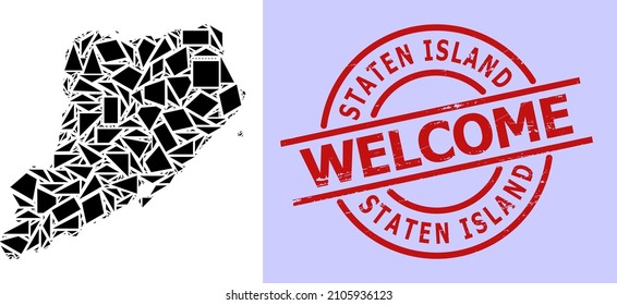 Einfache geometrische Mosaikkarte von Staten Island mit strukturierter Stempelimitation. Rote Stempelrobbe beinhaltet Willkommensschild in Rundform und Linienform.