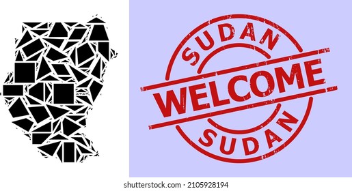 Simple geometric mosaic map of Sudan with corroded stamp imitation. Red stamp contains Welcome caption inside round and lines template.