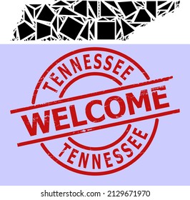 Simple geometric mosaic map of Tennessee State with corroded seal. Red seal includes Welcome caption inside round and lines template.