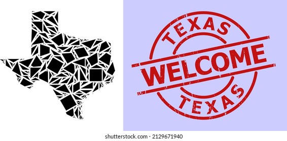 Carte simple de mosaïque géométrique de l'état du Texas avec empreinte de timbre rayé. Le sceau rouge contient du texte de bienvenue à l'intérieur du cercle et des lignes.