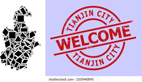 Mapa de mosaico geométrico simple del municipio de Tianjin con sello sucio. El sello rojo incluye el texto de bienvenida dentro del círculo y la plantilla de líneas.
