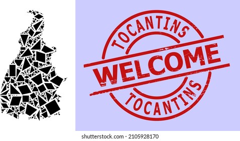 Simple geometric mosaic map of Tocantins State with corroded seal. Red stamp seal has Welcome text inside round and lines form.