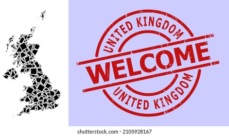 Simple geometric mosaic map of United Kingdom with corroded stamp seal. Red stamp seal has Welcome caption inside circle and lines template.