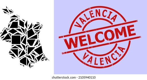 Simple geometric mosaic map of Valencia Province with unclean stamp imitation. Red stamp contains Welcome tag inside circle and lines template.