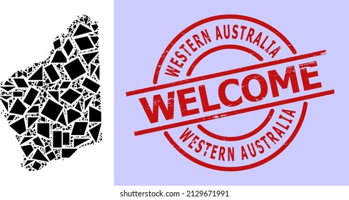 Simple geometric mosaic map of Western Australia with rubber seal. Red stamp seal contains Welcome text inside circle and lines shape.