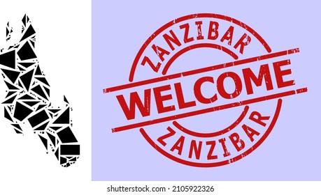 Simple geometric mosaic map of Zanzibar Island with textured stamp seal. Red stamp seal includes Welcome title inside round and lines shape.