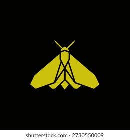 simple geometric moth illustration in yellow on a black background, symbolizing elegance and minimalism