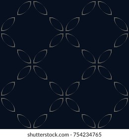Simple geometric motif. Flat background. Vintage seamless ornament. Printing block for home textile, scrap paper, fabric cloth, silk scarf, bandana. Indigo all over dot design. Vector illustration.