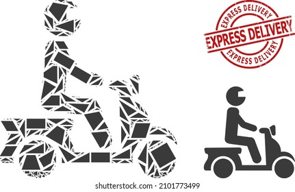 Simple geometric motorbike driver mosaic and EXPRESS DELIVERY corroded stamp seal. Red stamp seal has Express Delivery text inside round and lines form.