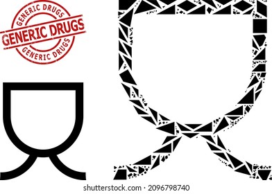 Simple geometric mug mosaic and GENERIC DRUGS scratched stamp seal. Red stamp seal has GENERIC DRUGS title inside circle and lines form. Vector mug icon collage is constructed with chaotic triangles,
