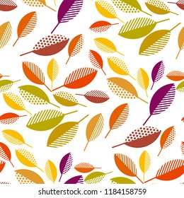 Simple geometric naive colorful fall leaves seamless pattern. Bright autumn repeatable motif for wrapping paper, fabric, background, backdrop.