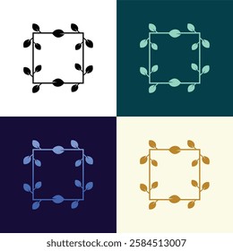 Simple geometric nature frame. Square border or decorative icon with plant branches or leaves. Design element for logo and branding. Cartoon linear vector illustration isolated
