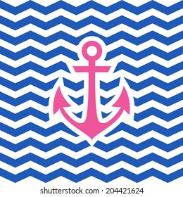 Simple geometric nautical card with anchor on zigzag background for invitation