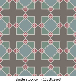 A simple geometric ornament. Linear vector image. Dark background. Pattern for tiles. Home cozy theme. Cold shades. Scandinavian style. Squares and rhombuses with red accents. Eastern motifs.