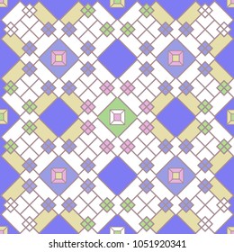 Simple geometric ornament .Vectoral image. Bright background. A pattern for tile. Domestic cozy theme. Scandinavian style. Squares and rhombuses. Rich color scale. Eight motifs.