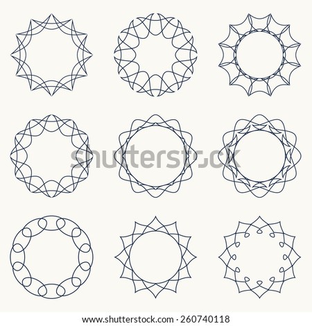 Simple geometric ornaments. Decorative elements. Vector set of circular patterns.